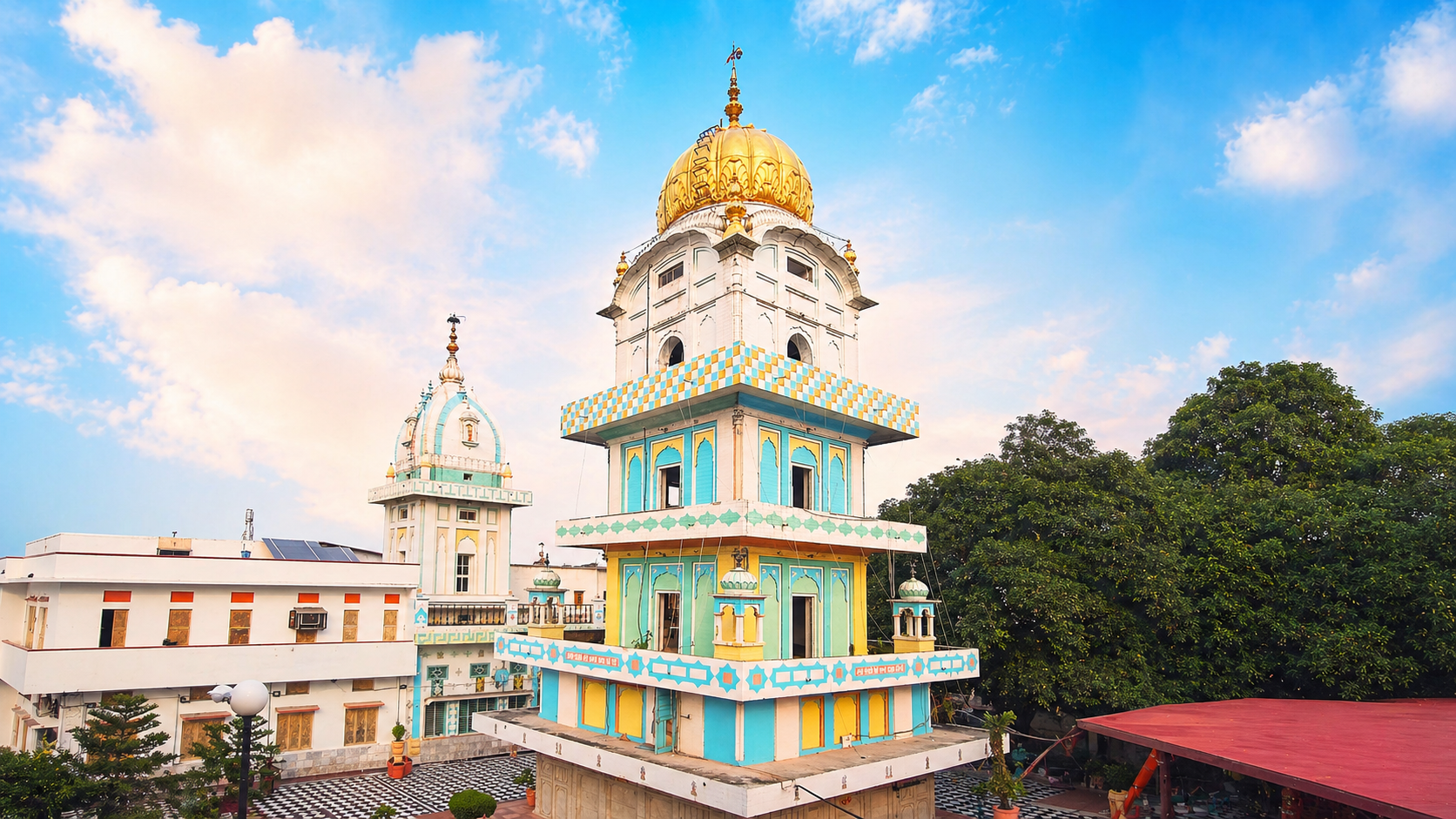 Sacred temple scene with lotus flowers at golden sunset
